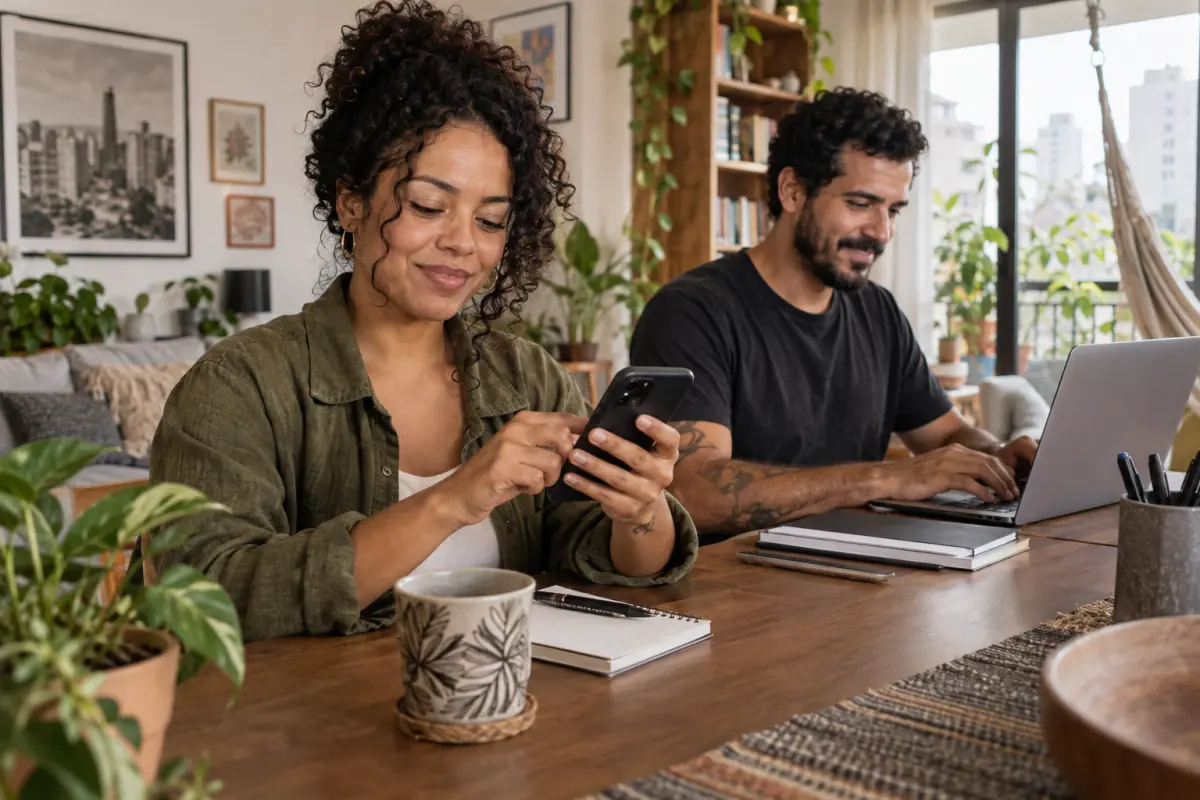 Brasileira usando o celular em seu escritório em casa